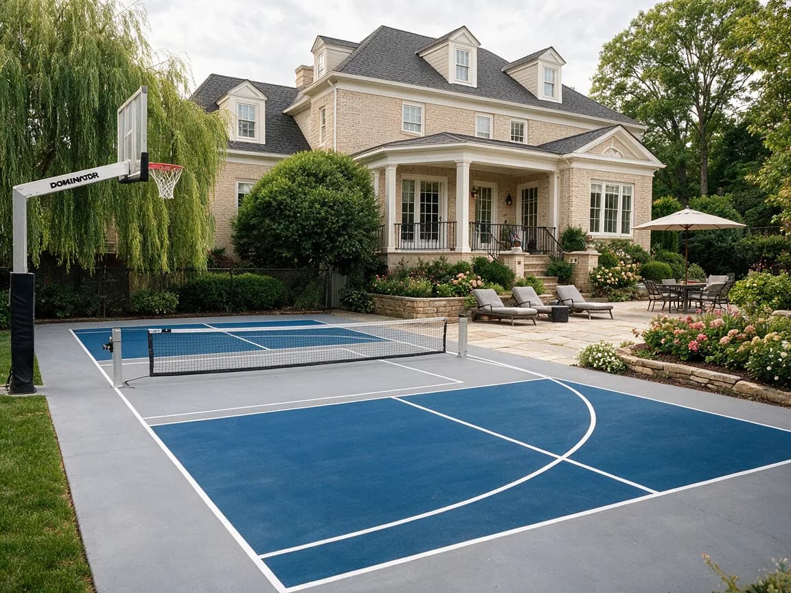 A large, luxury home with an extensive backyard featuring a multi-sport court for pickleball and basketball, surrounded by manicured gardens and a paved patio.